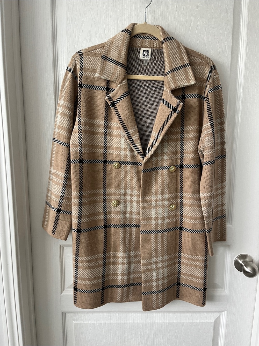 Anne Klein Camel Plaid Double-Breasted Pea Coat